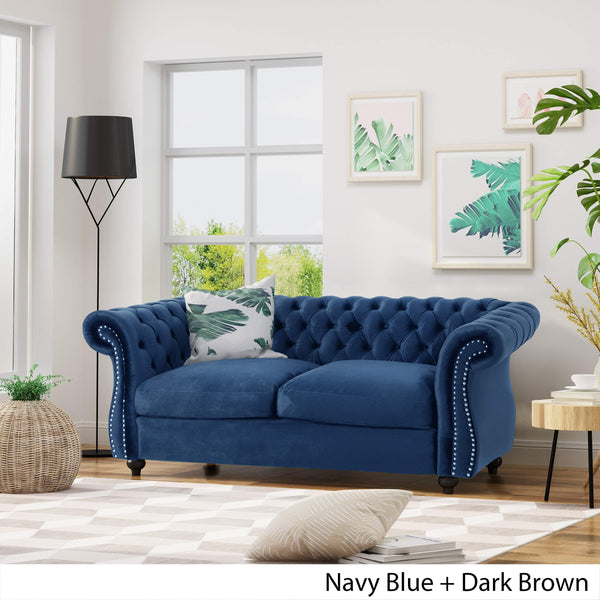 Christopher Knight Home Karen Traditional Chesterfield Loveseat Sofa, Navy Blue and Dark Brown, 61.75 x 33.75 x 27.75