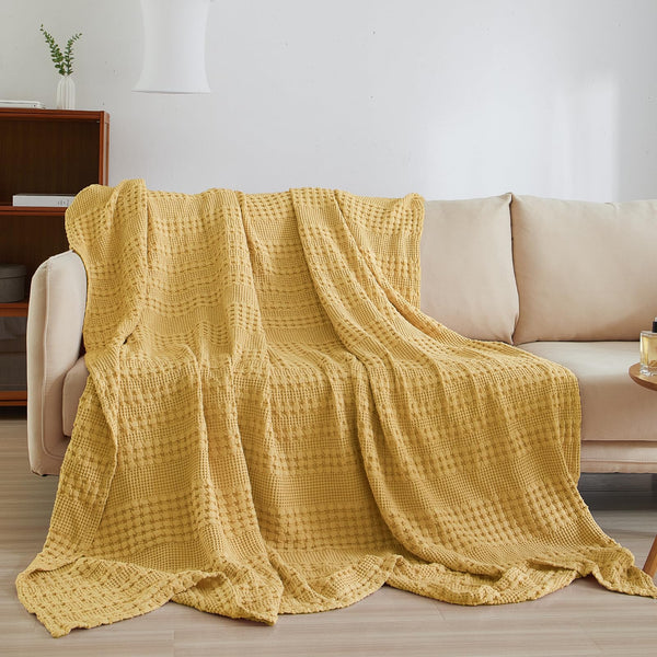 PHF 100% Cotton Waffle Weave Throw Blanket for Couch - Lightweight Washed Cotton Throw Blanket for Bed - 50"x60" Aesthetic Breathable Blanket for Room Decor & Office - Oatmeal