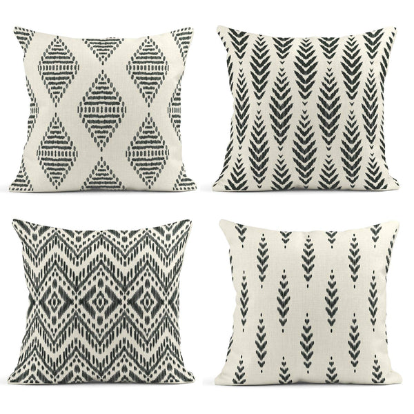 ArtSocket Set of 4 Throw Pillow Covers Ikat Tribal and Boho Bohemian Black Ethnic Herringbone for Ideas Decor Linen Outdoor Pillow Cases Home Decorative Square 22x22 Inches Pillowcases