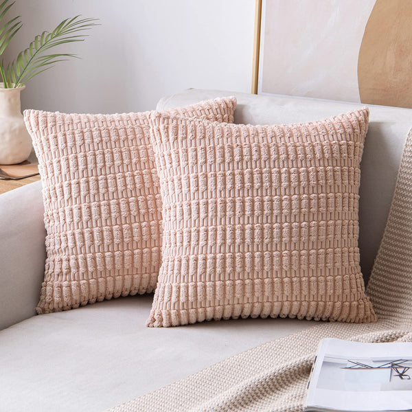 MIULEE Pack of 2 Corduroy Decorative Throw Pillow Covers 18x18 Inch Soft Boho Striped Pillow Covers Modern Farmhouse Christmas Home Decor for Sofa Living Room Couch Bed Cream White