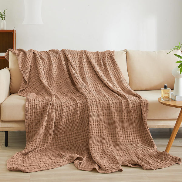 PHF 100% Cotton Waffle Weave Throw Blanket for Couch - Lightweight Washed Cotton Throw Blanket for Bed - 50"x60" Aesthetic Breathable Blanket for Room Decor & Office - Oatmeal