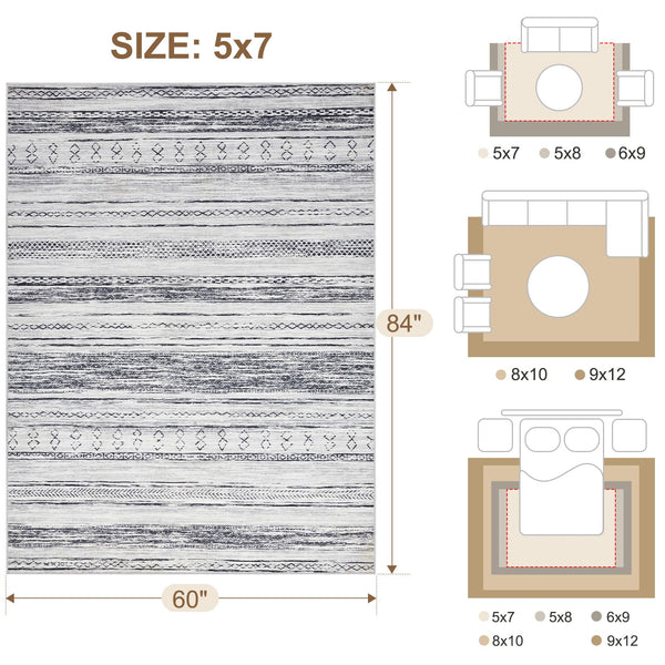 Area Rug Living Room Rugs - 5x7 Washable Large Soft Neutral Boho Moroccan Bohemian Farmhouse Rug Indoor Floor Carpet for Bedroom Under Dining Table Home Office Decor - Cream Brown