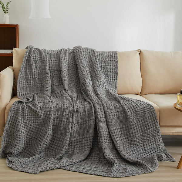 PHF 100% Cotton Waffle Weave Throw Blanket for Couch - Lightweight Washed Cotton Throw Blanket for Bed - 50"x60" Aesthetic Breathable Blanket for Room Decor & Office - Oatmeal