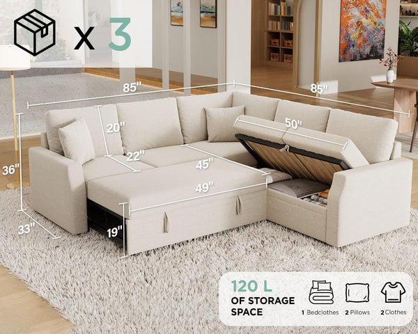 Jocisland Sofa Bed, 85 Inch Sleeper Sofa with Pull Out Bed & Storage Seat, Reversible L Shape Sectional Couch for Living Room Apartment, Beige Linen Oversized Sofa