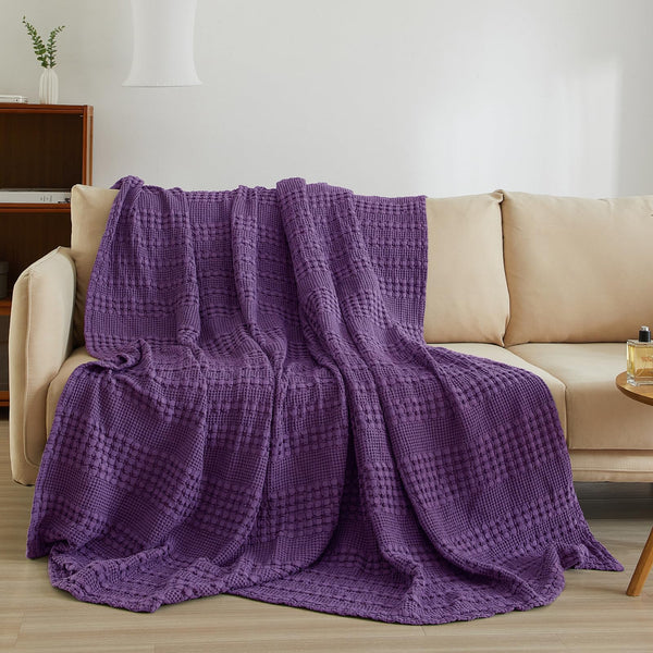 PHF 100% Cotton Waffle Weave Throw Blanket for Couch - Lightweight Washed Cotton Throw Blanket for Bed - 50"x60" Aesthetic Breathable Blanket for Room Decor & Office - Oatmeal