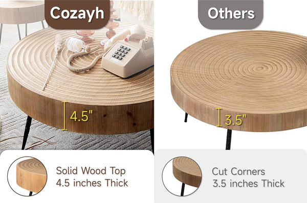 2-Piece Modern Farmhouse Living Room Coffee Table Set, Nesting Table Round Natural Finish with Handcrafted Wood Ring Motif, Wood Colour