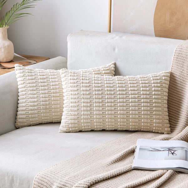 MIULEE Pack of 2 Corduroy Decorative Throw Pillow Covers 18x18 Inch Soft Boho Striped Pillow Covers Modern Farmhouse Christmas Home Decor for Sofa Living Room Couch Bed Cream White