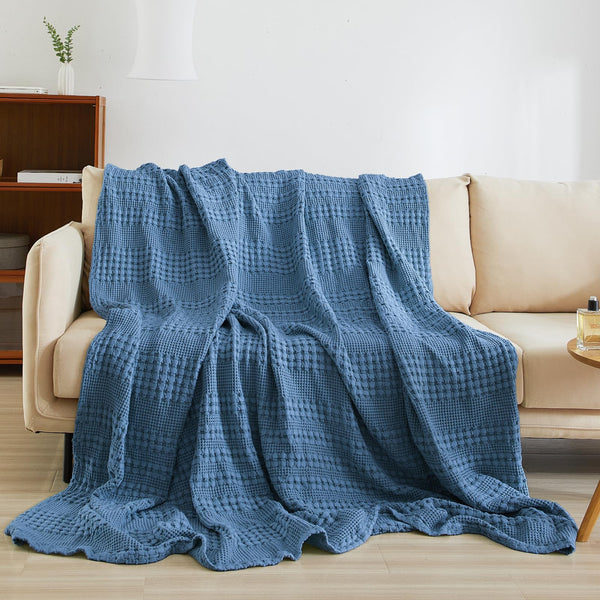 PHF 100% Cotton Waffle Weave Throw Blanket for Couch - Lightweight Washed Cotton Throw Blanket for Bed - 50"x60" Aesthetic Breathable Blanket for Room Decor & Office - Oatmeal