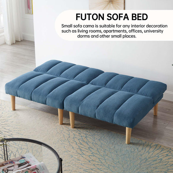 Convertible Futon Sofa Bed - Modern Sleeper Loveseat with Adjustable Backrest, Wooden Legs, and Soft Corduroy Fabric for Living Room, Bedroom, and Small Spaces (Blue)