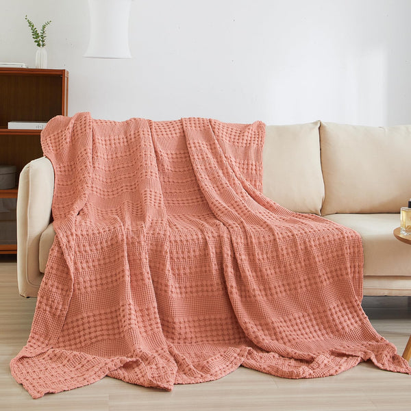 PHF 100% Cotton Waffle Weave Throw Blanket for Couch - Lightweight Washed Cotton Throw Blanket for Bed - 50"x60" Aesthetic Breathable Blanket for Room Decor & Office - Oatmeal