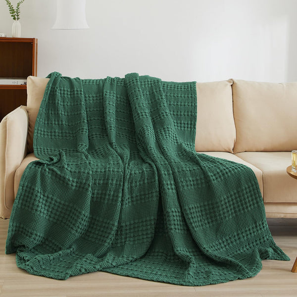 PHF 100% Cotton Waffle Weave Throw Blanket for Couch - Lightweight Washed Cotton Throw Blanket for Bed - 50"x60" Aesthetic Breathable Blanket for Room Decor & Office - Oatmeal