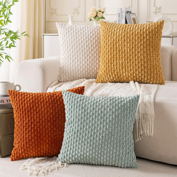 Set of 4 Neutral Decorative Pillow Covers 18x18 Inch Corduroy Throw Pillow Covers for Bed Couch Sofa Living Room Soft Cushion Cases