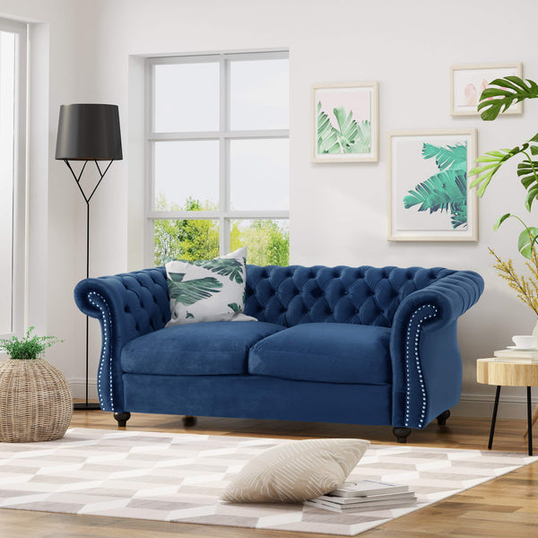 Christopher Knight Home Karen Traditional Chesterfield Loveseat Sofa, Navy Blue and Dark Brown, 61.75 x 33.75 x 27.75