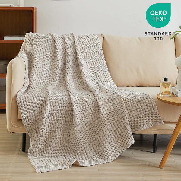 PHF 100% Cotton Waffle Weave Throw Blanket for Couch - Lightweight Washed Cotton Throw Blanket for Bed - 50"x60" Aesthetic Breathable Blanket for Room Decor & Office - Oatmeal