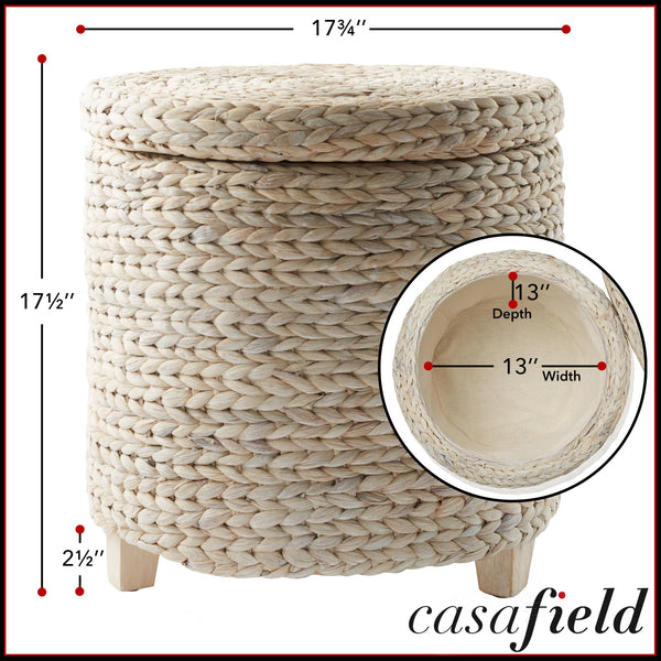 Casafield 17" Round Storage Ottoman with Lid - Natural, Handwoven Water Hyacinth Footstool for Living Room, Bedroom, Bathroom, Home Office