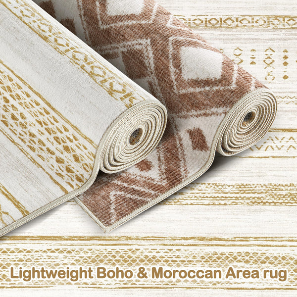Area Rug Living Room Rugs - 5x7 Washable Large Soft Neutral Boho Moroccan Bohemian Farmhouse Rug Indoor Floor Carpet for Bedroom Under Dining Table Home Office Decor - Cream Brown