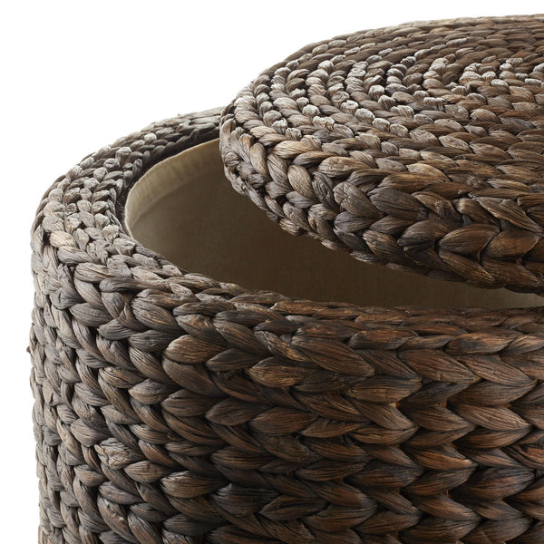 Casafield 17" Round Storage Ottoman with Lid - Natural, Handwoven Water Hyacinth Footstool for Living Room, Bedroom, Bathroom, Home Office