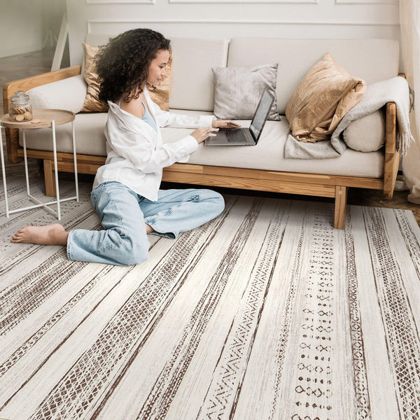 Area Rug Living Room Rugs - 5x7 Washable Large Soft Neutral Boho Moroccan Bohemian Farmhouse Rug Indoor Floor Carpet for Bedroom Under Dining Table Home Office Decor - Cream Brown