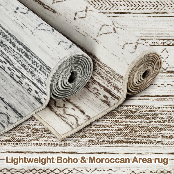 Area Rug Living Room Rugs - 5x7 Washable Large Soft Neutral Boho Moroccan Bohemian Farmhouse Rug Indoor Floor Carpet for Bedroom Under Dining Table Home Office Decor - Cream Brown