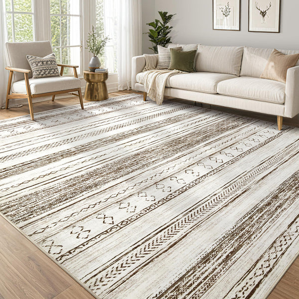 Area Rug Living Room Rugs - 5x7 Washable Large Soft Neutral Boho Moroccan Bohemian Farmhouse Rug Indoor Floor Carpet for Bedroom Under Dining Table Home Office Decor - Cream Brown
