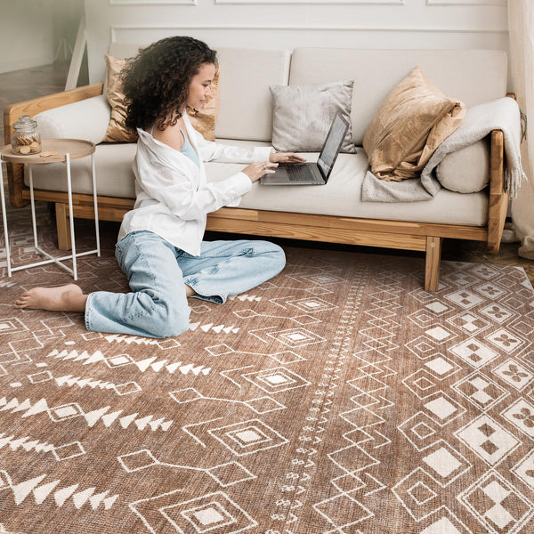 Area Rug Living Room Rugs - 5x7 Washable Large Soft Neutral Boho Moroccan Bohemian Farmhouse Rug Indoor Floor Carpet for Bedroom Under Dining Table Home Office Decor - Cream Brown