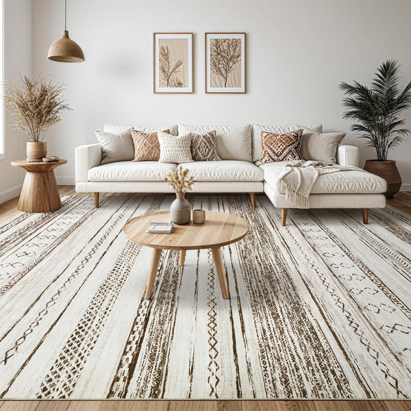 Area Rug Living Room Rugs - 5x7 Washable Large Soft Neutral Boho Moroccan Bohemian Farmhouse Rug Indoor Floor Carpet for Bedroom Under Dining Table Home Office Decor - Cream Brown