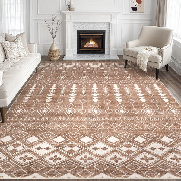 Area Rug Living Room Rugs - 5x7 Washable Large Soft Neutral Boho Moroccan Bohemian Farmhouse Rug Indoor Floor Carpet for Bedroom Under Dining Table Home Office Decor - Cream Brown