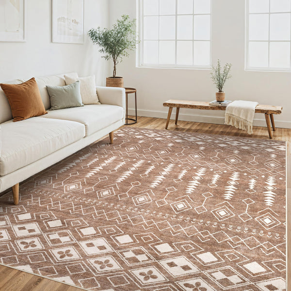 Area Rug Living Room Rugs - 5x7 Washable Large Soft Neutral Boho Moroccan Bohemian Farmhouse Rug Indoor Floor Carpet for Bedroom Under Dining Table Home Office Decor - Cream Brown