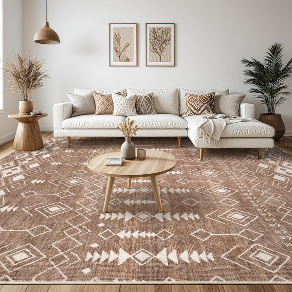 Area Rug Living Room Rugs - 5x7 Washable Large Soft Neutral Boho Moroccan Bohemian Farmhouse Rug Indoor Floor Carpet for Bedroom Under Dining Table Home Office Decor - Cream Brown