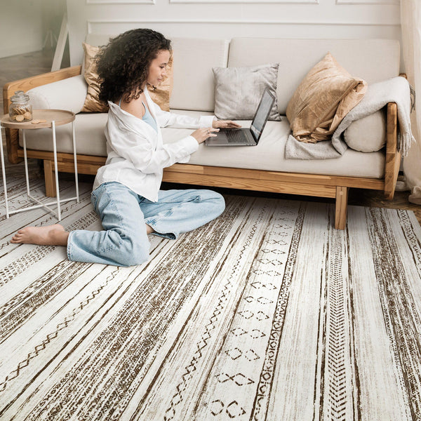 Area Rug Living Room Rugs - 5x7 Washable Large Soft Neutral Boho Moroccan Bohemian Farmhouse Rug Indoor Floor Carpet for Bedroom Under Dining Table Home Office Decor - Cream Brown