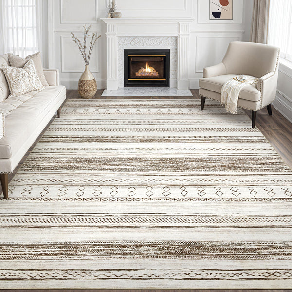 Area Rug Living Room Rugs - 5x7 Washable Large Soft Neutral Boho Moroccan Bohemian Farmhouse Rug Indoor Floor Carpet for Bedroom Under Dining Table Home Office Decor - Cream Brown