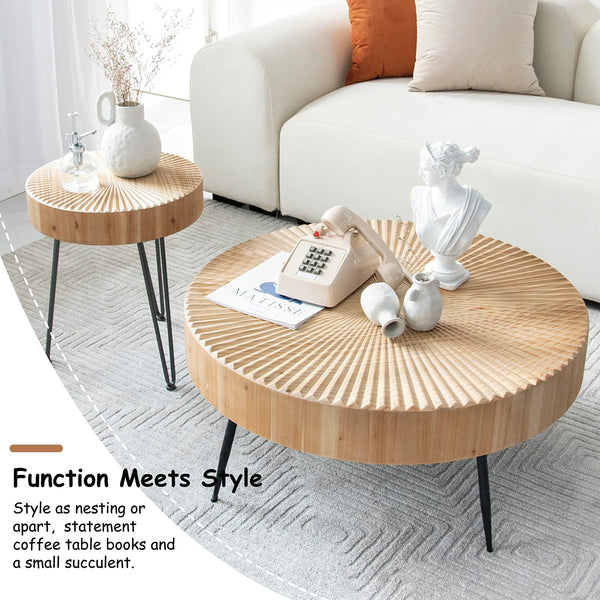 2-Piece Modern Farmhouse Living Room Coffee Table Set, Nesting Table Round Natural Finish with Handcrafted Wood Ring Motif, Wood Colour