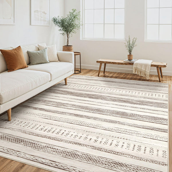 Area Rug Living Room Rugs - 5x7 Washable Large Soft Neutral Boho Moroccan Bohemian Farmhouse Rug Indoor Floor Carpet for Bedroom Under Dining Table Home Office Decor - Cream Brown