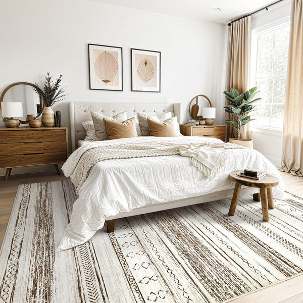 Area Rug Living Room Rugs - 5x7 Washable Large Soft Neutral Boho Moroccan Bohemian Farmhouse Rug Indoor Floor Carpet for Bedroom Under Dining Table Home Office Decor - Cream Brown