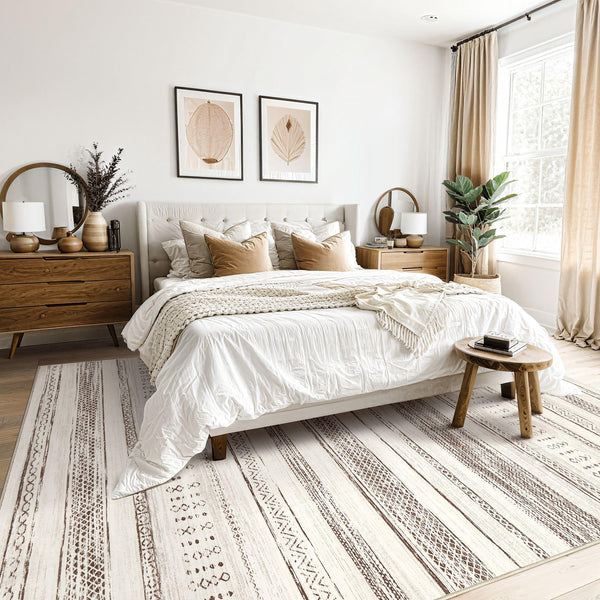 Area Rug Living Room Rugs - 5x7 Washable Large Soft Neutral Boho Moroccan Bohemian Farmhouse Rug Indoor Floor Carpet for Bedroom Under Dining Table Home Office Decor - Cream Brown