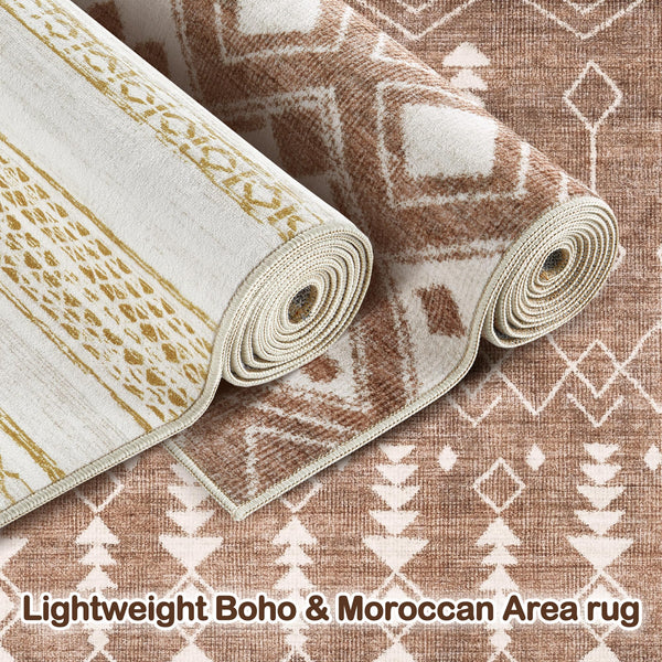 Area Rug Living Room Rugs - 5x7 Washable Large Soft Neutral Boho Moroccan Bohemian Farmhouse Rug Indoor Floor Carpet for Bedroom Under Dining Table Home Office Decor - Cream Brown