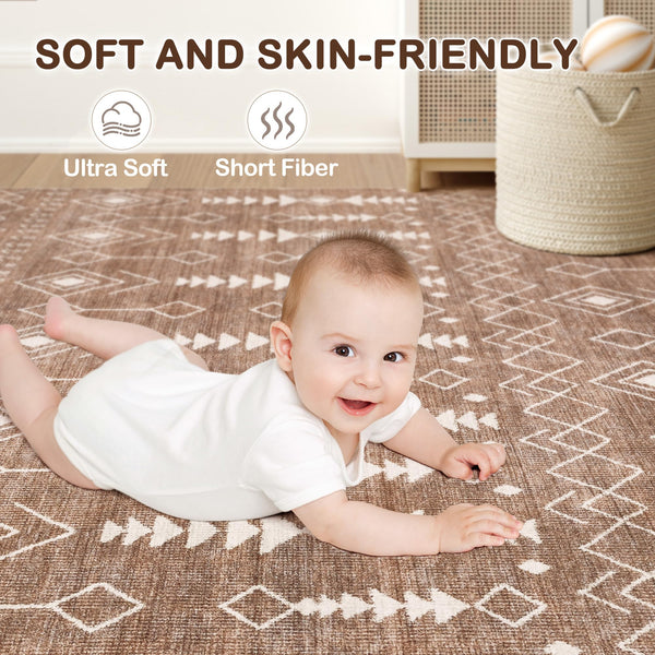 Area Rug Living Room Rugs - 5x7 Washable Large Soft Neutral Boho Moroccan Bohemian Farmhouse Rug Indoor Floor Carpet for Bedroom Under Dining Table Home Office Decor - Cream Brown