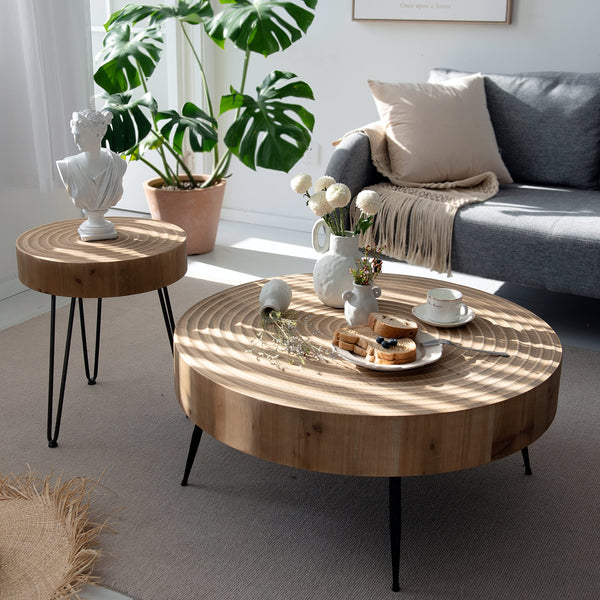 2-Piece Modern Farmhouse Living Room Coffee Table Set, Nesting Table Round Natural Finish with Handcrafted Wood Ring Motif, Wood Colour