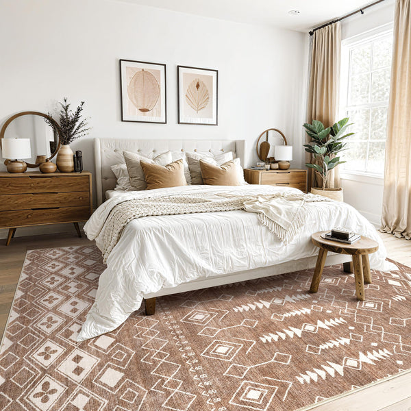 Area Rug Living Room Rugs - 5x7 Washable Large Soft Neutral Boho Moroccan Bohemian Farmhouse Rug Indoor Floor Carpet for Bedroom Under Dining Table Home Office Decor - Cream Brown