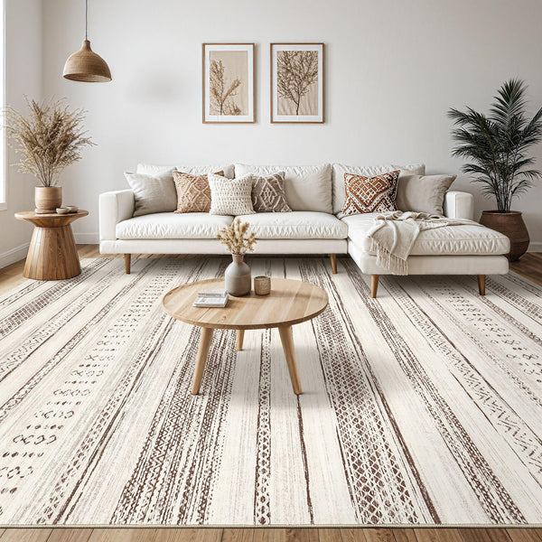 Area Rug Living Room Rugs - 5x7 Washable Large Soft Neutral Boho Moroccan Bohemian Farmhouse Rug Indoor Floor Carpet for Bedroom Under Dining Table Home Office Decor - Cream Brown