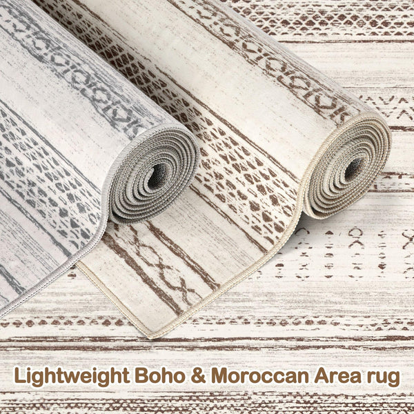 Area Rug Living Room Rugs - 5x7 Washable Large Soft Neutral Boho Moroccan Bohemian Farmhouse Rug Indoor Floor Carpet for Bedroom Under Dining Table Home Office Decor - Cream Brown