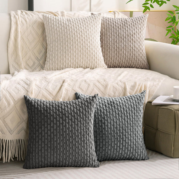 Set of 4 Neutral Decorative Pillow Covers 18x18 Inch Corduroy Throw Pillow Covers for Bed Couch Sofa Living Room Soft Cushion Cases