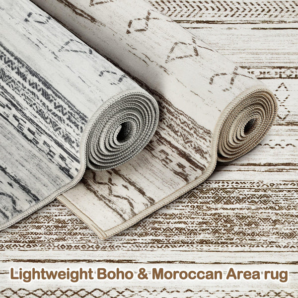 Area Rug Living Room Rugs - 5x7 Washable Large Soft Neutral Boho Moroccan Bohemian Farmhouse Rug Indoor Floor Carpet for Bedroom Under Dining Table Home Office Decor - Cream Brown