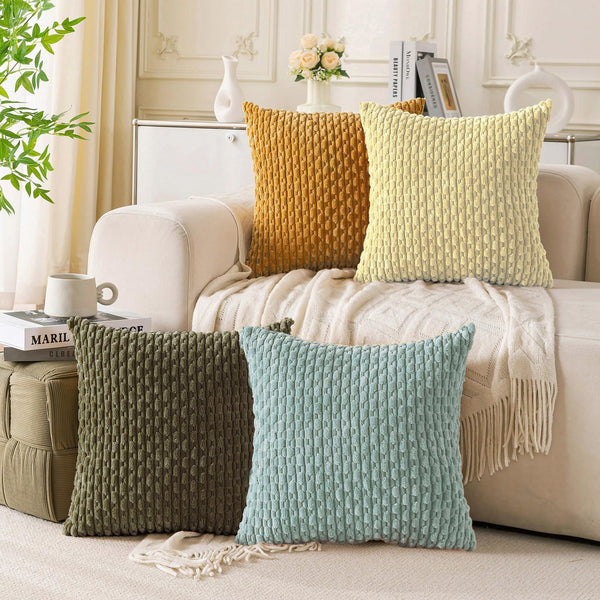 Set of 4 Neutral Decorative Pillow Covers 18x18 Inch Corduroy Throw Pillow Covers for Bed Couch Sofa Living Room Soft Cushion Cases