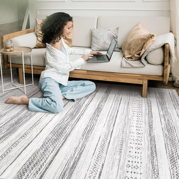 Area Rug Living Room Rugs - 5x7 Washable Large Soft Neutral Boho Moroccan Bohemian Farmhouse Rug Indoor Floor Carpet for Bedroom Under Dining Table Home Office Decor - Cream Brown