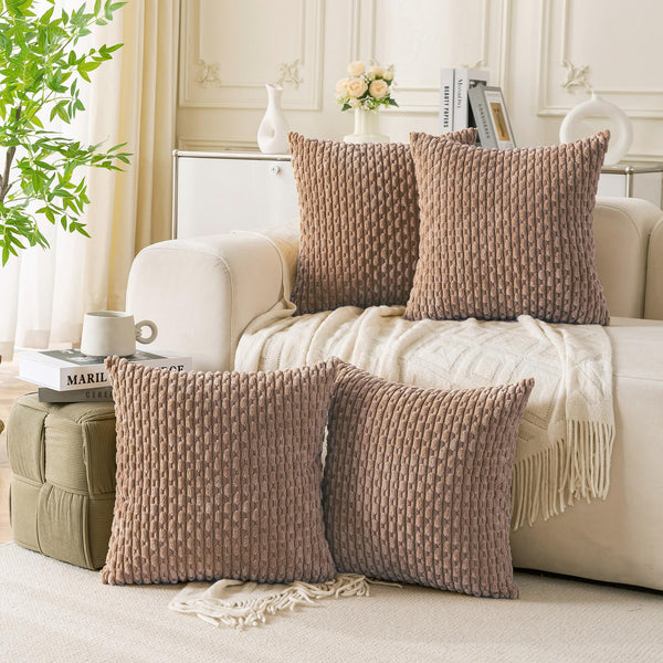 Set of 4 Neutral Decorative Pillow Covers 18x18 Inch Corduroy Throw Pillow Covers for Bed Couch Sofa Living Room Soft Cushion Cases