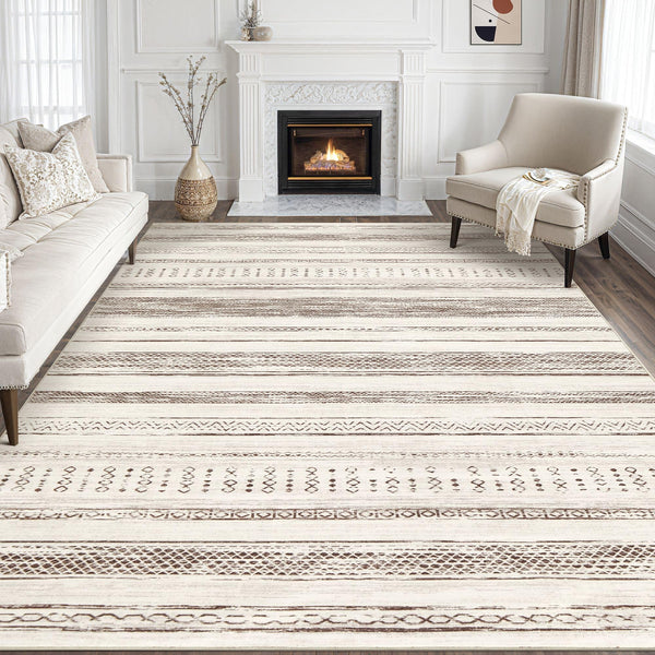 Area Rug Living Room Rugs - 5x7 Washable Large Soft Neutral Boho Moroccan Bohemian Farmhouse Rug Indoor Floor Carpet for Bedroom Under Dining Table Home Office Decor - Cream Brown