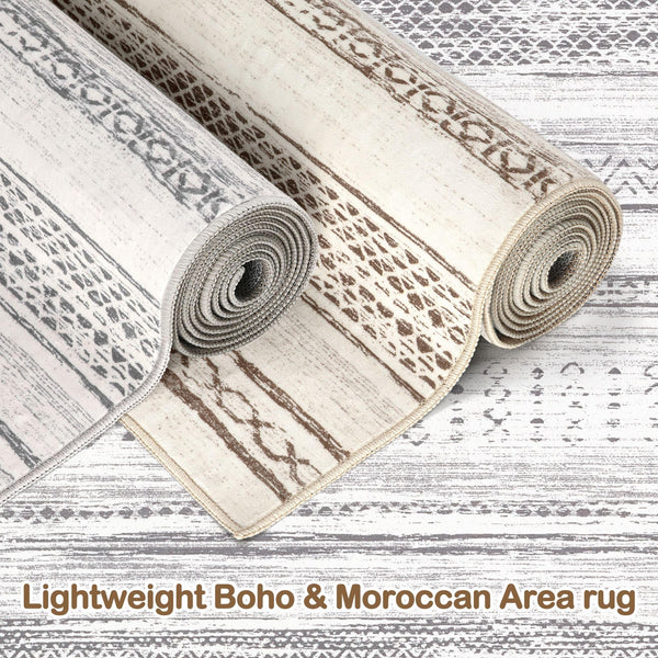 Area Rug Living Room Rugs - 5x7 Washable Large Soft Neutral Boho Moroccan Bohemian Farmhouse Rug Indoor Floor Carpet for Bedroom Under Dining Table Home Office Decor - Cream Brown
