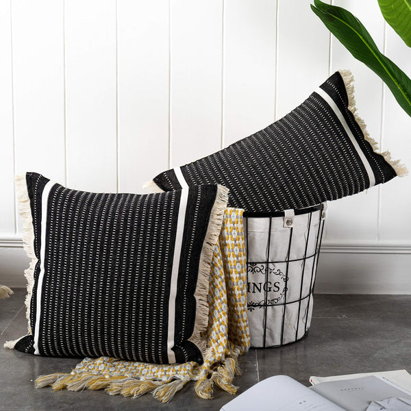 OJIA Modern Throw Pillow Cover with Tassels, Decorative Liana Fringe Accent Cushion Case, Farmhouse Woven Pillowcase for Sofa Chair Couch Bed Decor (Lumbar 12 x 20 Inches, Black)