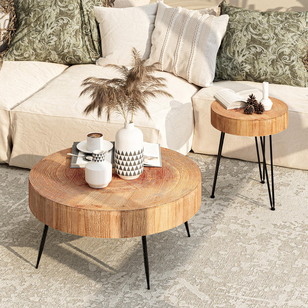 2-Piece Modern Farmhouse Living Room Coffee Table Set, Nesting Table Round Natural Finish with Handcrafted Wood Ring Motif, Wood Colour